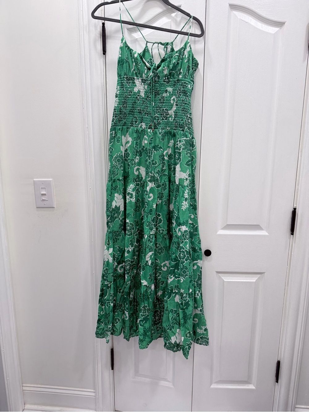 Anthropologie Green Floral Smocked Maxi with White Accents